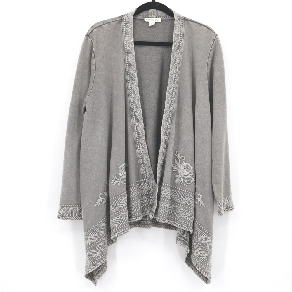 Coldwater Creek Embroidered Cardigan Womens PL Gray Boho Cottage Coastal Grandma
